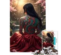Rompecabezas para adolescentes de 1000 piezas Mujer con tatuaje de dragón entre flores de cerezo Juego desafiante Juguetes educativos Juego para mejorar la memoria Regalos de amigo invisible (38x26cm)