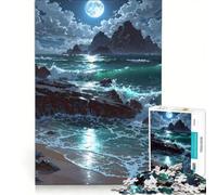 Rompecabezas para Adolescentes de 1000 Piezas Olas del océano a la luz de la Luna rompiendo en la Orilla Juguetes antiestrés dificultad Alta Ideal para Decorar el Escritorio 50x75cm