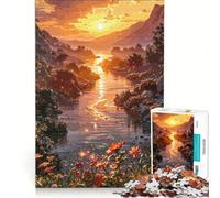 Rompecabezas para Adolescentes de 1000 Piezas Paisaje del río Dorado al Atardecer, Juguete Educativo para Mejorar la Memoria, con póster y Hoja de Preguntas a Juego 50x75cm