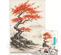 Rompecabezas para Adolescentes de 1000 Piezas: Paisaje japonés con árbol Rojo y montaña Juego práctico, difícil y desafiante Regalo Ideal para los más aventureros 38x26cm