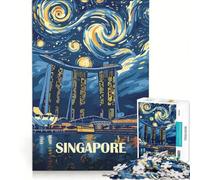 Rompecabezas para Adolescentes de 1000 Piezas Paisaje Urbano de Singapur Noche Estrellada Juguete para armar Mejora la Memoria con póster y Hoja de Preguntas a Juego 38x26cm