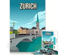 Rompecabezas para Adolescentes de 1000 Piezas Paisaje Urbano de Zúrich Suiza Silueta de la Ciudad Corte preciso decoración Juguete Creativo y Divertido Juego de Paz Pieza de Arte navideña (50x75cm)