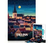 Rompecabezas para Adolescentes de 1000 Piezas Paisaje Urbano Nocturno de Tallin, Estonia Decoración de Corte preciso Juguete Creativo y Divertido Juego de Paz Pieza de Arte navideña (38x52cm)