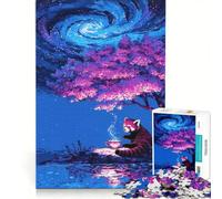 Rompecabezas para Adolescentes de 1000 Piezas Panda Rojo Tomando té bajo un Cielo galáctico Juguete Educativo para Mejorar la Memoria Incluye póster y Hoja de Preguntas a Juego 50x75cm