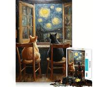 Rompecabezas para Adolescentes de 1000 Piezas Pareja de Gatos Viendo la Noche Estrellada,Bordes impecables,Juego Divertido para Pensar,Momento Acogedor,decoración navideña (38x52cm)