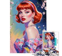 Rompecabezas para Adolescentes de 1000 Piezas Pin-up Pelirroja con Vestido Floral Un Reto para completar Diversión Familiar Juegos educativos para Mayores de 14 años (38x26cm)