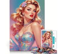 Rompecabezas para Adolescentes de 1000 Piezas Pin-up Rubia con Vestido Floral,Arte de Borde Premium,Juego de concentración Mental,diversión para el Tiempo Libre,Regalo artístico de Navidad 38x26cm