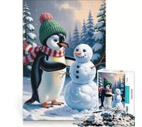 Rompecabezas para Adolescentes de 1000 Piezas Pingüino construyendo un muñeco de Nieve en Invierno Decoración de Pared de Juguete Difícil y desafiante Regalo de Juego desafiante 38x26cm