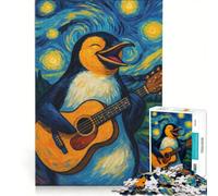 Rompecabezas para Adolescentes de 1000 Piezas Pingüino Guitarrista al Estilo de La Noche Estrellada Juegos educativos decoración de Pared con póster y Hoja de Preguntas a Juego 50x75cm