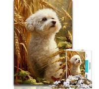 Rompecabezas para Adolescentes de 1000 Piezas, Pintura al óleo de bichón frisé, desafío difícil para aliviar el estrés con póster a Juego y Hoja de Trivia de 38x26cm
