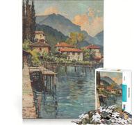 Rompecabezas para Adolescentes de 1000 Piezas Pintura de un Pueblo Junto al Lago, Juguete Educativo, Mejora la Memoria, con póster y Hoja de Preguntas a Juego 50x75cm
