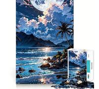Rompecabezas para Adolescentes de 1000 Piezas Playa Tropical Nocturna con Luna Corte preciso Divertido resolución de Problemas diversión relajación Tiempo de diversión decoración navideña (38x52cm)