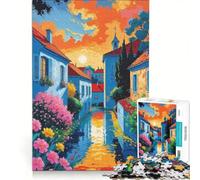 Rompecabezas para Adolescentes de 1000 Piezas Pueblo provenzal al Atardecer Juguete Educativo para Mejorar la Memoria Incluye póster y Hoja de Preguntas y respuestas 50x75cm