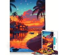 Rompecabezas para adolescentes de 1000 piezas Pueblo tropical al atardecer, corte preciso, diversión, resolución de problemas, diversión, relajación, tiempo de diversión, decoración navideña (50x75cm)