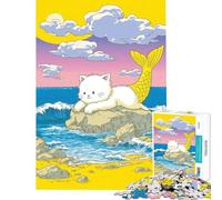 Rompecabezas para Adolescentes de 1000 Piezas Purrmaid︰ Gato Sirena en la Playa Ayuda a ejercitar el Cerebro Patrón de ensamblaje Juguete Decoración de Pared para Mayores de 14 años 38x52cm
