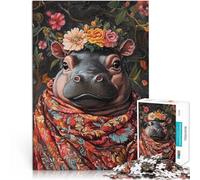 Rompecabezas para Adolescentes de 1000 Piezas Retrato Floral de hipopótamo Juegos educativos Toda la Familia. 38x26cm