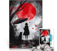 Rompecabezas para Adolescentes de 1000 Piezas Silueta de Chica de Anime con un Gato y una Luna roja Juego Educativo Familiar Buen Regalo 75x50cm