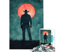 Rompecabezas para Adolescentes de 1000 Piezas Silueta de Vaquero bajo la Luna roja Juego de ingenio Juguete Intelectual Gran Regalo para los Amantes de los Juegos Decoración de Pared (Tamaño 75x50cm)