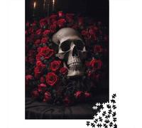 Rompecabezas para Adolescentes De 1000 Piezas Skull with Red Roses Wall Art Print Rompecabezas para Adultos Juego Práctico Que Mejora La Memoria Interacción Entre Padres E Hijos 52x38cm/1000pcs