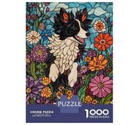 Rompecabezas para Adolescentes De 1000 Piezas Stained Glass Dog in Flowers Rompecabezas para Adolescentes Juegos Relajantes para La Diversión Familiar Juego Desafiante Regalos 70x50cm/1000pcs