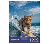 Rompecabezas para Adolescentes De 1000 Piezas Surfing Cat Funny Rompecabezas para Adultos Juguete Decoración De Pared Desafío Difícil 38x26cm/1000pcs