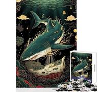 Rompecabezas para Adolescentes de 1000 Piezas Tiburón y Barco al Estilo asiático Juego Educativo de Carreras de Velocidad Manual Juguetes para armar con póster y Hoja de Preguntas a Juego (38x26cm)