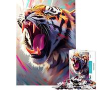 Rompecabezas para Adolescentes de 1000 Piezas Tigre rugiente con Trazos Coloridos Rompecabezas para Adultos y Familia Juego Que Mejora la Memoria (tamaño 50x75cm)