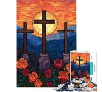 Rompecabezas para Adolescentes de 1000 Piezas Tres Cruces con Rosas diseño de vidrieras Rompecabezas para Adolescentes Juegos Familiares patrón de Montaje cumpleaños (38x26cm)