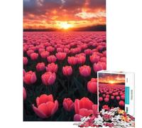 Rompecabezas para Adolescentes de 1000 Piezas Tulipanes Rosas al Atardecer Difícil y desafiante Regalos para Mujeres Juegos Divertidos para Mayores de 14 años 38x52cm
