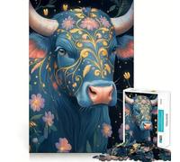 Rompecabezas para Adolescentes de 1000 Piezas Vaca Azul con diseño Floral,Arte de Bordes precisos,Juego de concentración,Regalo,Juego para Pasar un rato Agradable,Arte de Escena navideña 38x26cm