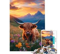 Rompecabezas para Adolescentes de 1000 Piezas Vaca de Las Tierras Altas al Atardecer Rompecabezas para Adultos Juegos Divertidos Carrera de Velocidad Manual Interacción Entre Padres e Hijos (50x75cm)