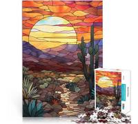 Rompecabezas para Adolescentes de 1000 Piezas Vidriera Atardecer en el Desierto Juego de Preguntas con Piezas de Formas aleatorias Que se entrelazan Completamente 50x70cm