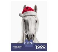 Rompecabezas para Adolescentes De 1000 Piezas White Horse with Santa Hat Rompecabezas para Adultos Juego De Ingenio para Mejorar La Memoria Actividades Divertidas En Casa 52x38cm/1000pcs