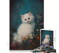 Rompecabezas para Adolescentes Gatito Blanco Entre Flores de 1000 Piezas, con Efecto Memoria, Ideal para Relajarse (50x75cm)