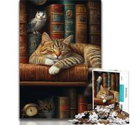 Rompecabezas para Adolescentes: Gato durmiendo en estantería Rompecabezas para Adolescentes, Juegos educativos, decoración del hogar, Regalo de cumpleaños, Arte Mural (tamaño 75x50cm)