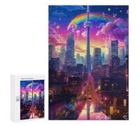 Rompecabezas para adolescentes Rainbow Cityscape con rompecabezas de torre para adultos, juego familiar, análisis y lógica, alivio del estrés, regalos, 300 unidades