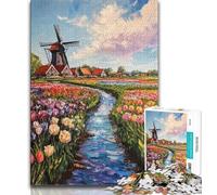 Rompecabezas para Adolescentes: Rompecabezas de Pintura al óleo de una Granja de Tulipanes Juguetes de Entretenimiento Familiar con póster a Juego y Hoja de Trivia de 38x26cm
