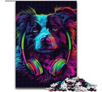 Rompecabezas para Adultos 1000 DJ Neon Border Collie de Madera,Juguetes de Regalo educativos,intelectuales,descompresores,Divertidos Juegos Familiares de 50x75cm para Juegos interactivos Familiares