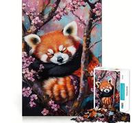 Rompecabezas para Adultos 1000 Flores de Cerezo Panda Rojo - Arte de Bordes Exactos Focus Juguete de construcción Juego Cozy Time Arte de Pared navideño (38x52cm)
