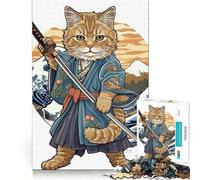 Rompecabezas para Adultos 1000 Gato Guerrero Samurai Japón Arte de Borde Exacto Juego de construcción de Enfoque Juego de Tiempo Acogedor Arte de Pared navideño (38x26cm)