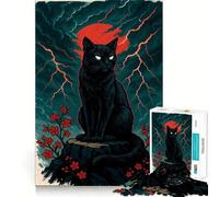 Rompecabezas para Adultos 1000 Gato Negro Bajo la Luna Roja Estilo Japonés Juego de Articulaciones Afiladas,Juego Divertido de Pensamiento,Momento de Diversión y Relajación,Arte Navideño para el Ocio
