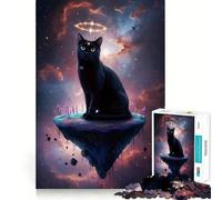 Rompecabezas para Adultos 1000 Gato Negro Celestial en Isla Flotante Juego Creativo de Corte Premium Juguete de Entretenimiento para el Tiempo Libre Exhibición de Arte navideño (38x26cm)