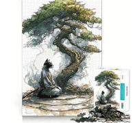 Rompecabezas para Adultos 1000 Gato Samurai Meditando Bajo Un Bonsái Juego Creativo de Corte Premium Juguete Diversión Libre Arte Navideño Exhibición (38x52cm)