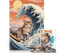 Rompecabezas para Adultos 1000 Gato Surfista Ola Kanagawa Corte Premium Juego Creativo Juguete Tiempo Libre Diversión Arte Navideño Exhibición (38x26cm)