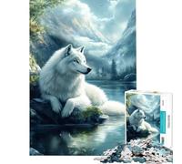 Rompecabezas para Adultos 1000 Lobo Blanco Junto al Lago Actividades Divertidas en casa Una Obra de Arte Juegos relajantes Apto para Mayores de 14 años (38x26cm)