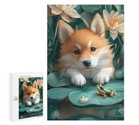 Rompecabezas para Adultos 1000 PCS Corgi Puppy with Frog on Lilypad Rompecabezas para Adultos Juego De Ingenio Desafío Difícil 1000 PCS
