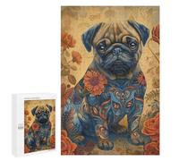 Rompecabezas para Adultos 1000 PCS Floral Tattooed Pug Art Print Rompecabezas para Adolescentes: Mejora La Memoria, Entrena Tu Cerebro Y Tus Manos. Regalos para Reducir El Estrés 1000 PCS