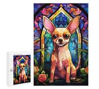 Rompecabezas para Adultos 1000 PCS Rompecabezas Chihuahua Stained Glass Rompecabezas para Adultos Juguete Decoración De Pared Aliviador del Estrés Difícil Y Desafiante 1000 PCS