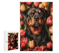 Rompecabezas para Adultos 1000 PCS Rompecabezas Rottweiler with Tulips Rompecabezas para Adultos Juguete Decoración De Pared Aliviador del Estrés Difícil Y Desafiante 1000 PCS