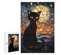 Rompecabezas para Adultos 1000 PCS Stained Glass Black Cat and Moon Rompecabezas para Adultos Juegos De Relajación Regalos para Mujeres Regalos para Amigos Y Familiares 1000 PCS